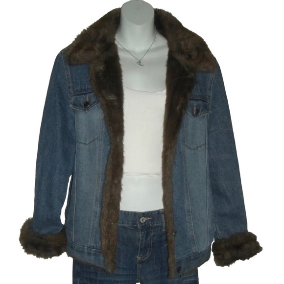 Vintage 90's Denim Jacket Faux Fur Penny Lane Fully Lined y2k Jean Coat Boho L - Picture 2 of 16